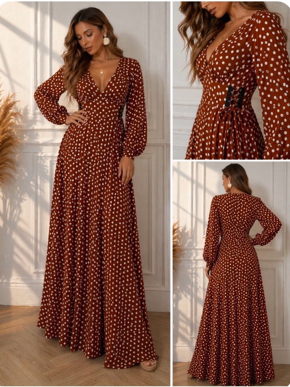 Glamorous Curve Plus Size 18 Polka Dot Maxi Dress Lace-Up Sides Rust Brown Boho